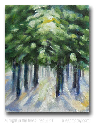 sunlight in the trees - winter landscape - oil painting - eileen morey