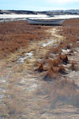 Footbridge Beach - a boat by Ogunquit River, in winter. Photo by Eileen Morey
